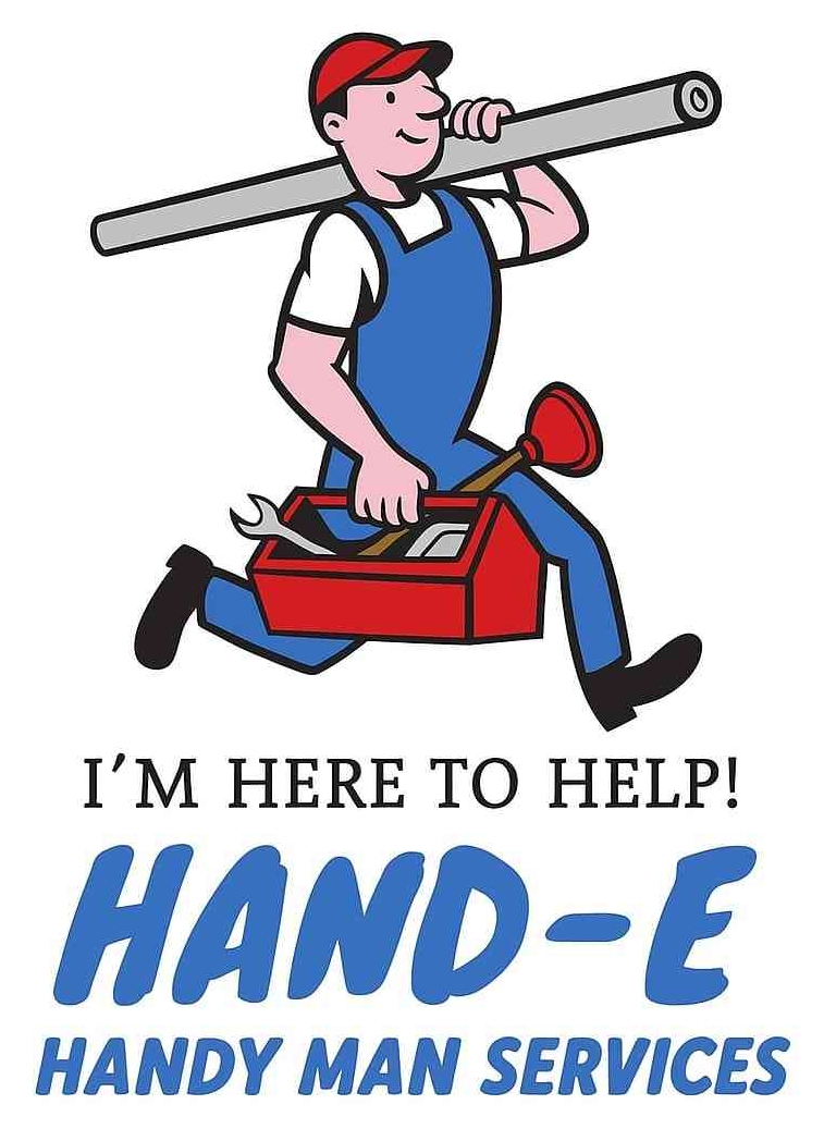 Hand-E Handy Man Services logo — cartoon handyman carrying a pipe and toolbox